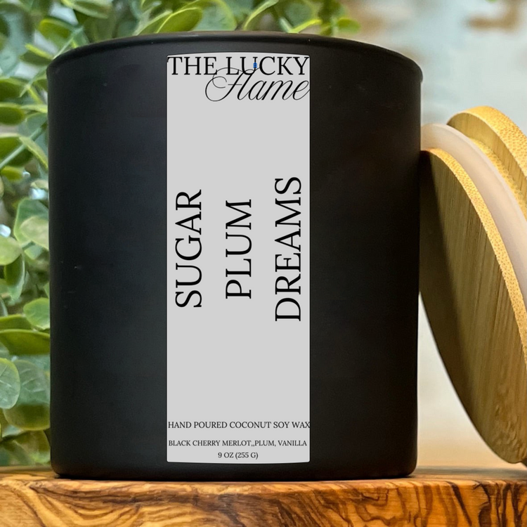 Sugar Plum Dreams Candle – Black Cherry Merlot, Plum & Vanilla in 9 oz black jar with bamboo lid, perfect for the holidays