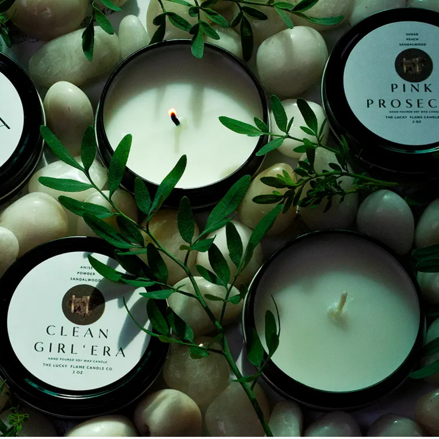 Candle with 'Pink Prosecco' branding on a stone surface with green leaves