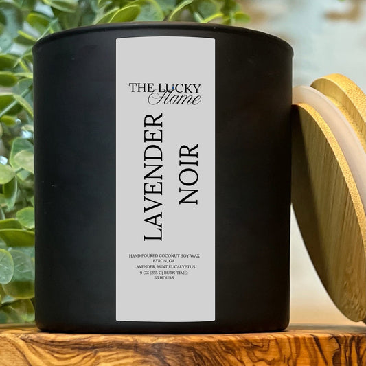 Lavender Noir Candle with eucalyptus and mint; Virgin coconut soy wax candle with a refreshing scent coconut soy wax candle with a refreshing scent