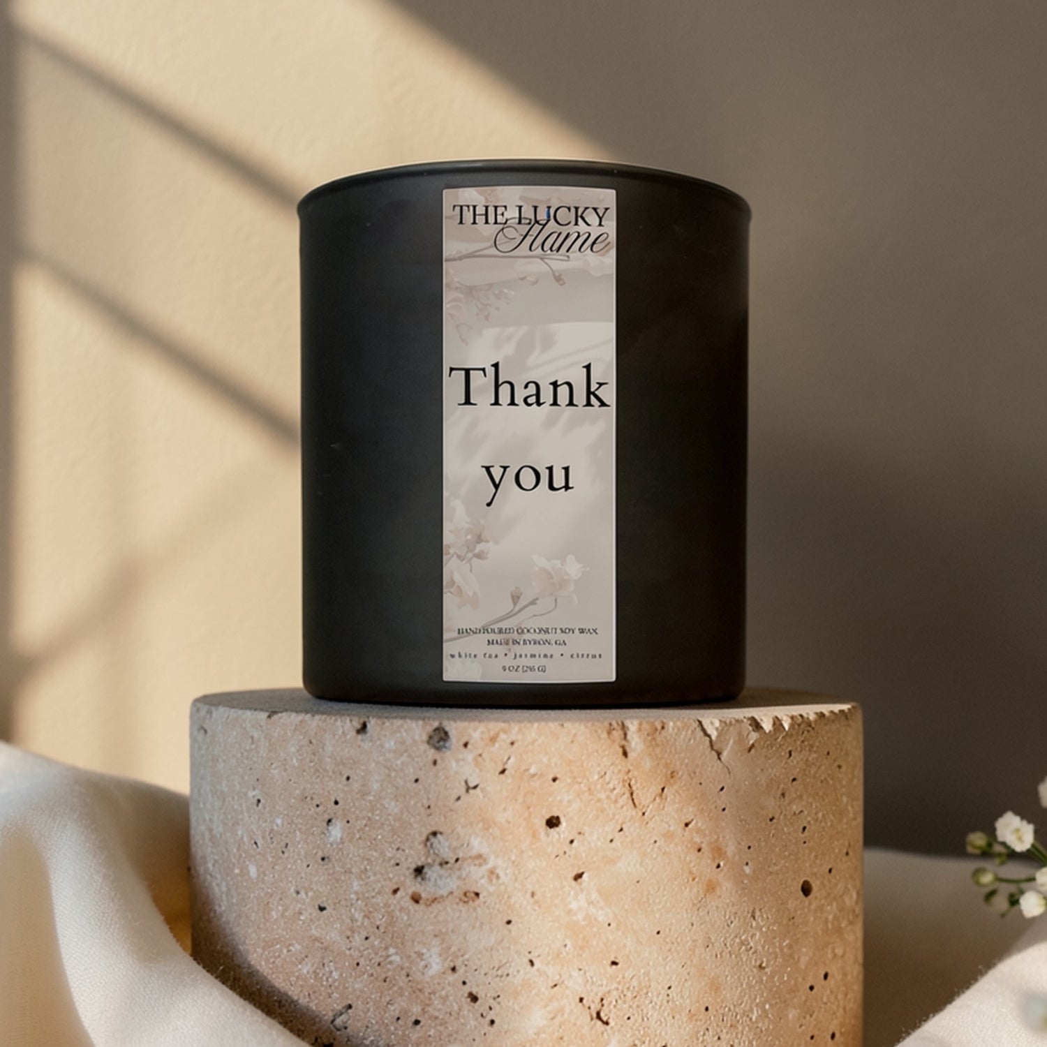 Thank You coconut soy candle with white tea, jasmine and citrus fragrance – appreciation gift candle by The Lucky Flame