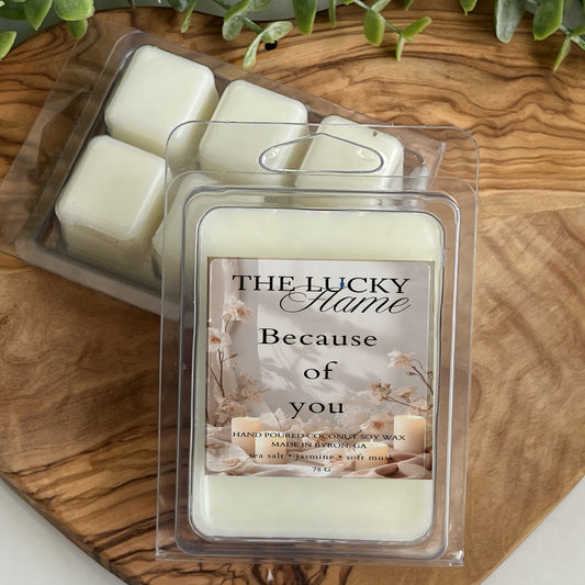 Because of You sea salt jasmine soy wax melts with soft musk fragrance – coconut soy wax melts by The Lucky Flame